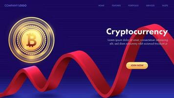 Cryptocurrency Landing Page Or Web Template With Golden Bitcoin And 3D Red Wave On Blue Background. vector