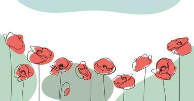Red poppies in a row on abstract background. Vector illustration. One line Continuous Art.