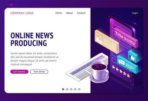 Online news producing isometric landing web page vector