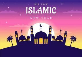 Happy Muharram Islamic New Year Vector Illustration with Muslims Celebration in Flat Cartoon Hand Drawn Landing Page Background Templates