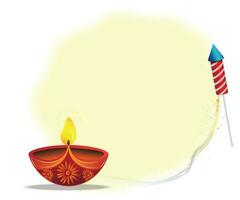 Diwali greeting template with beautiful burning Diwali Diya oil lamp with crackers on yellow backgrounds. vector