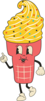 Cute Cartoon Ice cream character. Happy and cheerful emotions. Old animation 60s 70s, funny cartoon characters. Trendy illustration in retro style. png