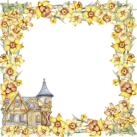 waterverf hand- getrokken voorjaar tuin vol van narcis plein kader. zomer illustratie voor scrapbooken. tekenfilm hand- getrokken achtergrond met bloem voor kinderen ontwerp. perfect voor bruiloft uitnodiging. png