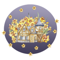 acquerello composizione con giallo Narciso e castel nel cartone animato stile. mano disegnato illustrazione di estate. Perfetto per scrapbooking, bambini disegno, nozze invito, manifesti, saluti carte. png