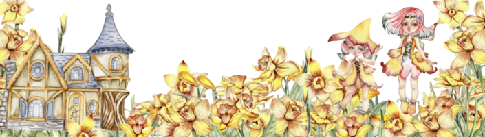 waterverf horizontaal naadloos achtergrond met narcis. bloemen in tekenfilm stijl. hand- getrokken illustratie van zomer. perfect voor scrapbooken, kinderen ontwerp, bruiloft uitnodiging, groeten kaarten. png