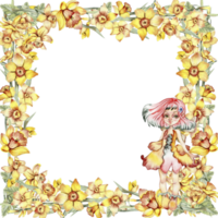 acquerello mano disegnato primavera giardino pieno di Narciso piazza telaio. estate illustrazione per scrapbooking. cartone animato mano disegnato sfondo con fiore per bambini design. Perfetto per nozze invito. png