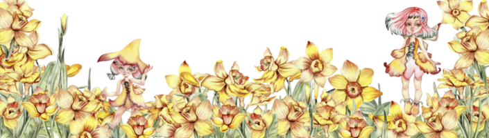 acquerello orizzontale senza soluzione di continuità sfondo con Narciso. fiori nel cartone animato stile. mano disegnato illustrazione di estate. Perfetto per scrapbooking, bambini disegno, nozze invito, saluti carte. png