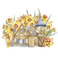 acquerello composizione con giallo Narciso e castel nel cartone animato stile. mano disegnato illustrazione di estate. Perfetto per scrapbooking, bambini disegno, nozze invito, manifesti, saluti carte. png