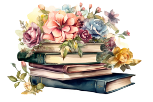 Vintage Books Stacked with Flowers Watercolor Clipart png