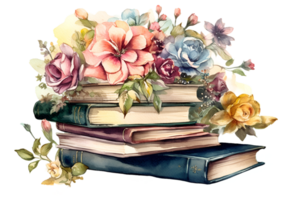 ancien livres empilés avec fleurs aquarelle clipart ai généré png