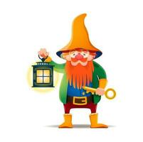 Cartoon gnome character with lantern and key vector