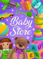 Baby store vector kids toys shop cartoon poster