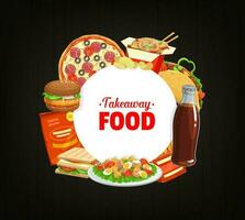 Fast food round banner vector, cartoon meals frame vector