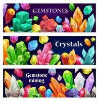 Precious crystals and gems, jewelry vector banners