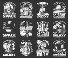 Outer space explore monochrome vector icons set