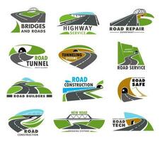 Road icons, highway or way route path and pathway vector