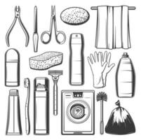 Personal hygiene icons, household cleaning items vector