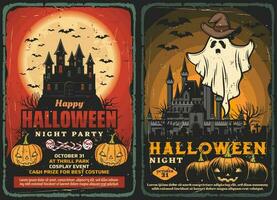 Halloween haunted house ghost with bats, pumpkins vector