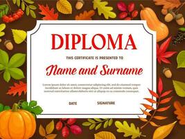 Kids diploma, certificate with autumn leaves. vector