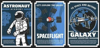 Space explore, astronaut academy vector posters