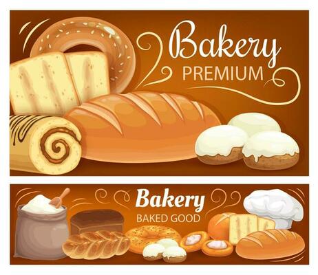 Bakery shop bread, baked cakes and desserts pastry
