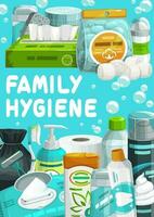 familia higiene, cuerpo cuidado productos dibujos animados póster vector