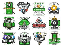 Billiards pool game, snooker sport club icons vector