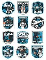 Astronaut in galaxy, rocket in outer space icons vector