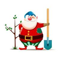 Cartoon gnome or dwarf character planting a tree vector