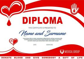 Diploma for blood or plasma donation certificate vector