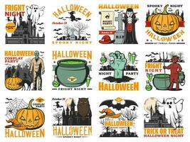 Halloween pumpkin, ghost, witch and vampire icons vector