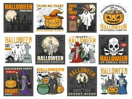 Halloween witch, ghosts, pumpkins, bats and skull vector