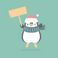 merry christmas and happy new year with penguin holding blank sign in the winter season green background, flat vector illustration cartoon character costume design