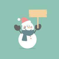 merry christmas and happy new year with snowman holding blank sign in the winter season green background, flat vector illustration cartoon character costume design