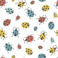 Seamless pattern with summer ladybugs that crawl, fly. Vector graphics with insects.