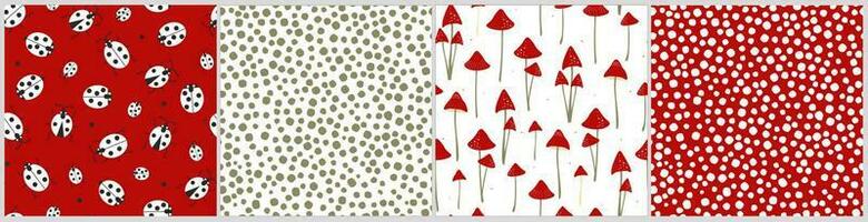 Set of seamless abstract patterns with ladybugs, fly agaric mushrooms, chaotic dots. Vector graphics.