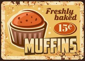 Muffin rusty metal plate, bakery cakes, pastry vector