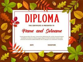 Education certificate with autumn leaves, diploma vector
