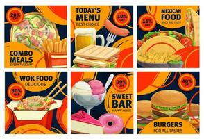 Fast food combo meals sale promo posters set. vector