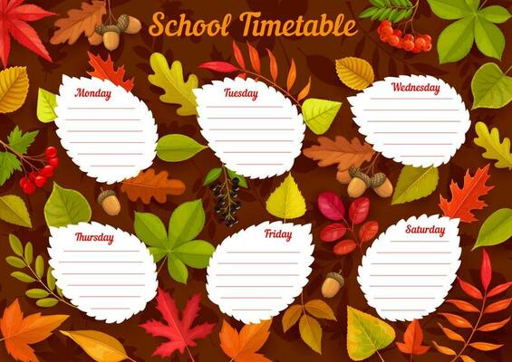 School timetable with autumn leaves, week schedule