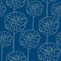 Linear pattern with marigold on dark blue background. 70s style elegant zinnia print vector