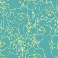 Pattern with double line daffodils. Linear vintage floral print vector