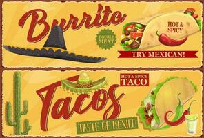 Mexican burrito and tacos retro vector banners