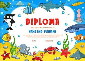 Education diploma for school underwater animals vector