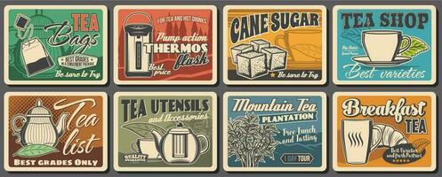 Hot tea drink retro posters, vector beverage.