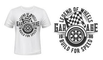 Car wheel, racing checkered flag t-shirt print vector