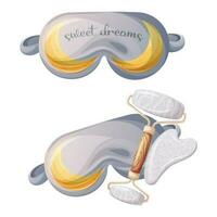 Set of eye mask for comfortable sleep and travel, double-sided facial massage roller and white agate  gua sha. Skin care before and after waking up. Health, relaxation concept. Vector illustration.