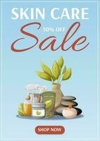 Skin care sale poster. Spa stones, burning candle, vase with leaves, gua sha tools, oil serum, cream. For salon, massage, relaxation. Vector illustration. For advertising, website, banner. a4 format