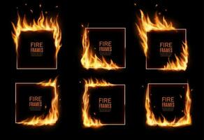 Square frames in fire, vector burning borders set