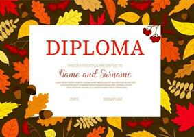 School diploma with autumn leaves, certificate vector